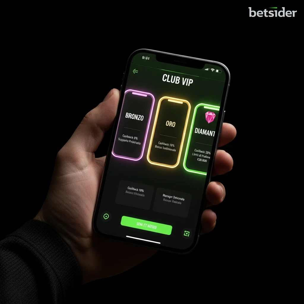 Schermata dell'app Betsider che mostra i vantaggi del programma VIP per i giocatori.