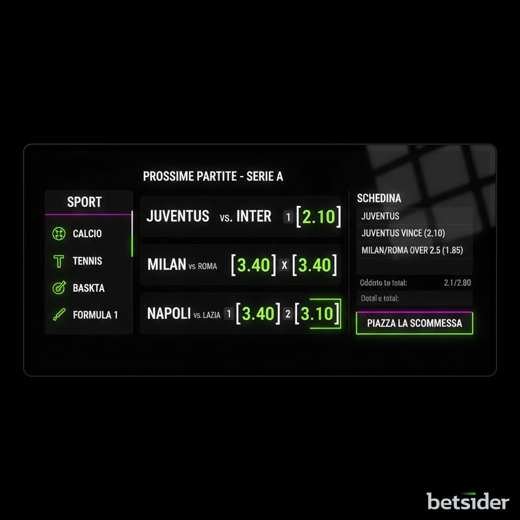 Interfaccia delle scommesse sportive di Betsider che mostra le quote per le partite di calcio