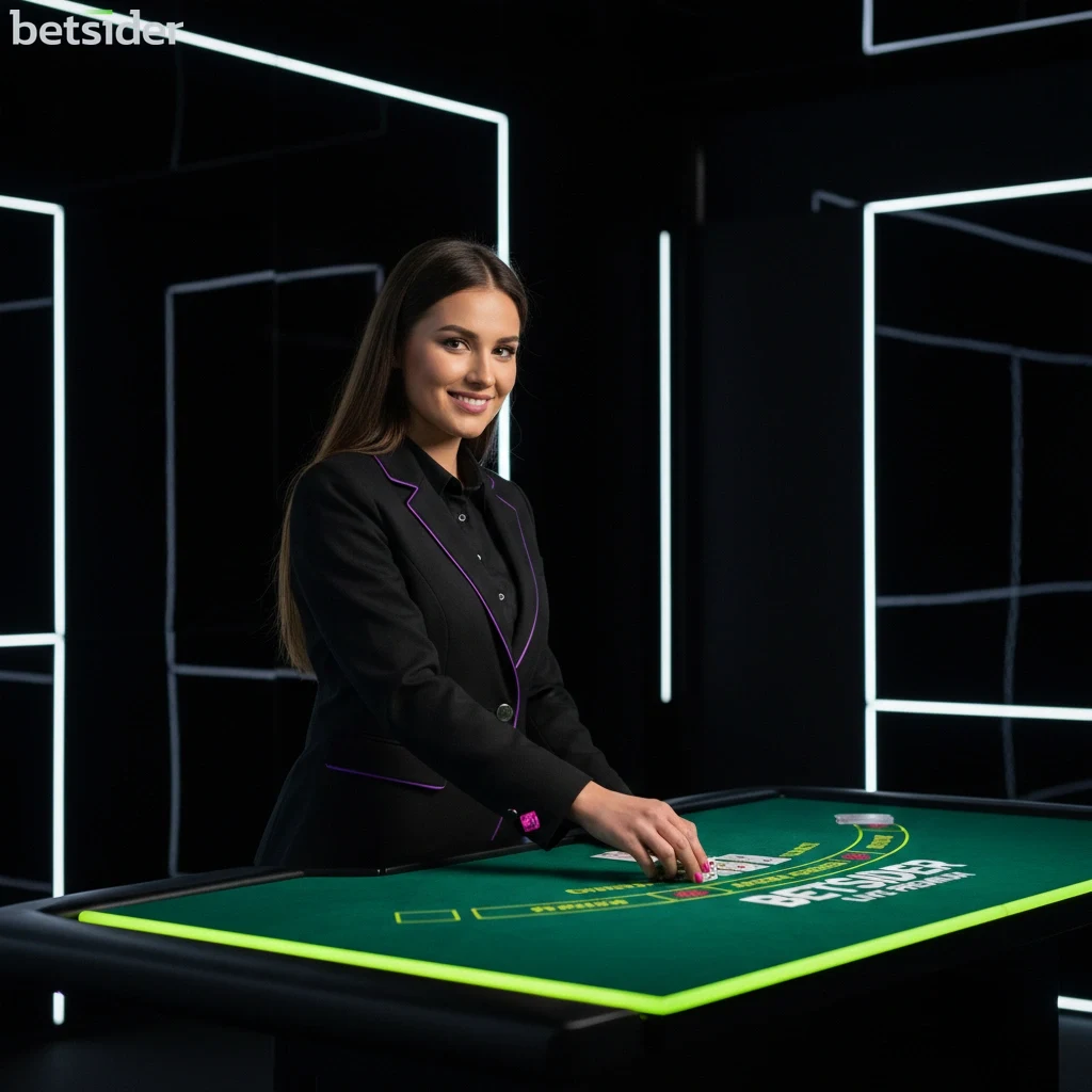 Croupier professionista di Betsider che gestisce un tavolo di Blackjack in uno studio moderno