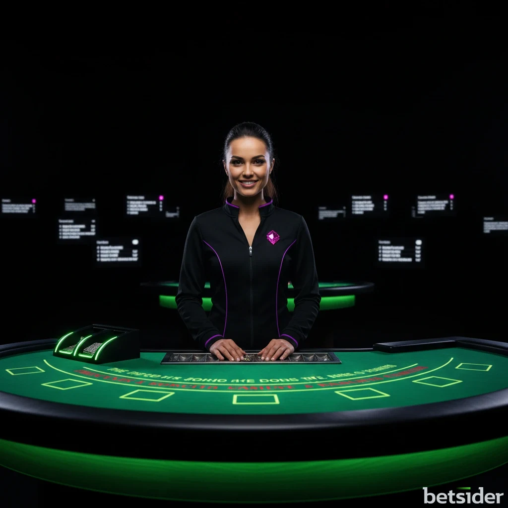 Croupier professionista sorridente mentre gestisce un tavolo da gioco in un casinò live.