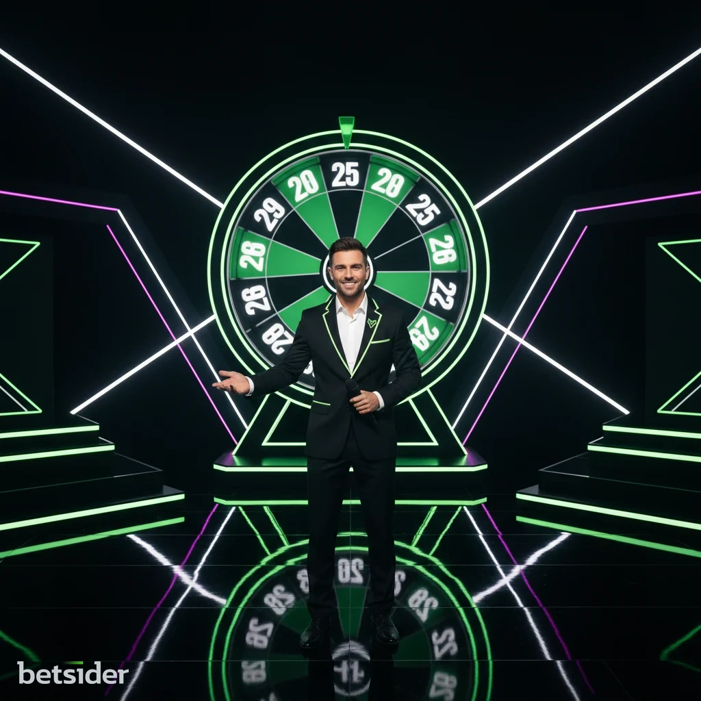 Presentatore di un game show live in uno studio colorato del casinò