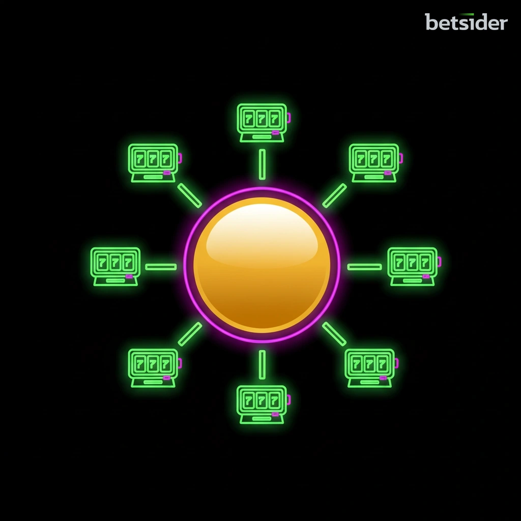 Illustrazione concettuale di una rete di slot machine collegate a un jackpot progressivo centrale.